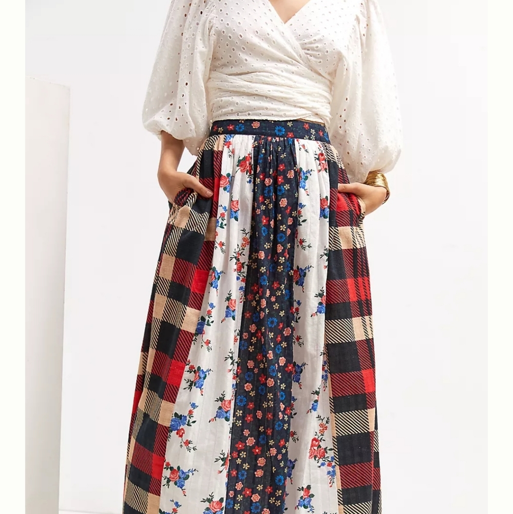 Anthropologie Let me be contrast floral BOHO red blue white maxi skirt XS - Picture 4 of 8